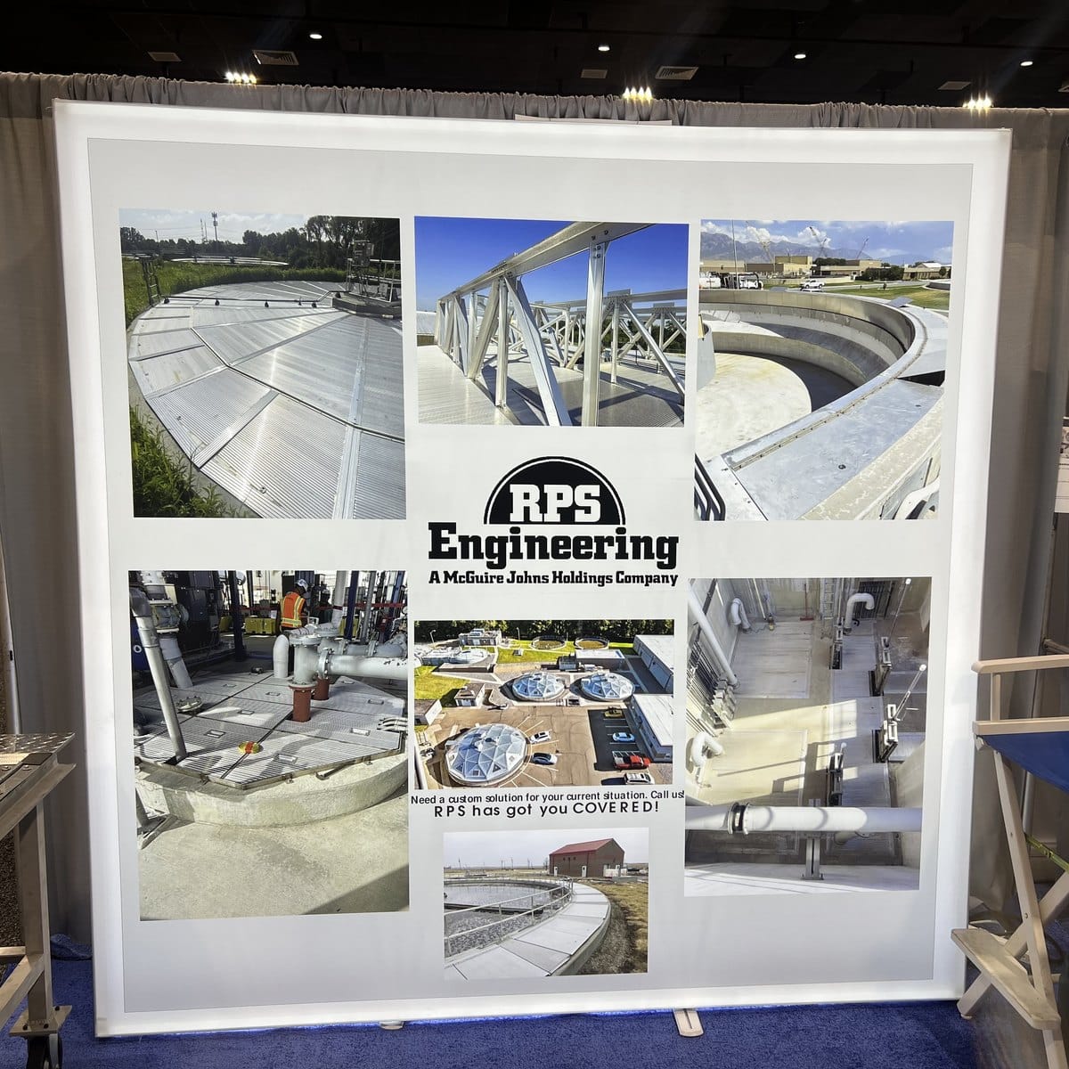 RPS Engineering booth backdrop showing installed aluminum wastewater tank and clarifier covers